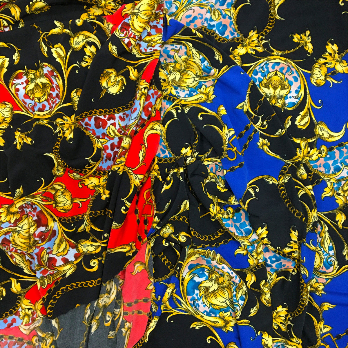 Paisley Floral Renaissance Stretch Poly-Spandex Fabric - Paisley Floral Renaissance Print, Royal Blue/Black, Red/Black, 58"/60" Width