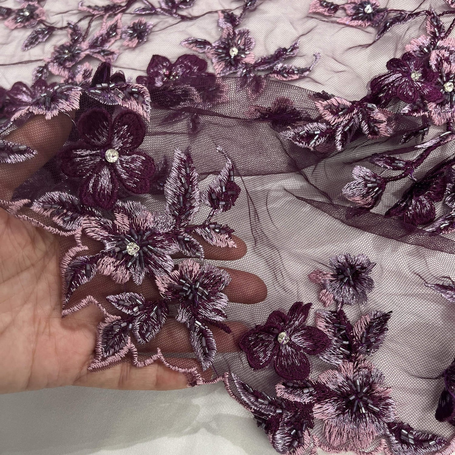 1 Yard 3D Beaded Floral Lace Fabric, Embroidered Mesh with Rhinestones & Scalloped Edges