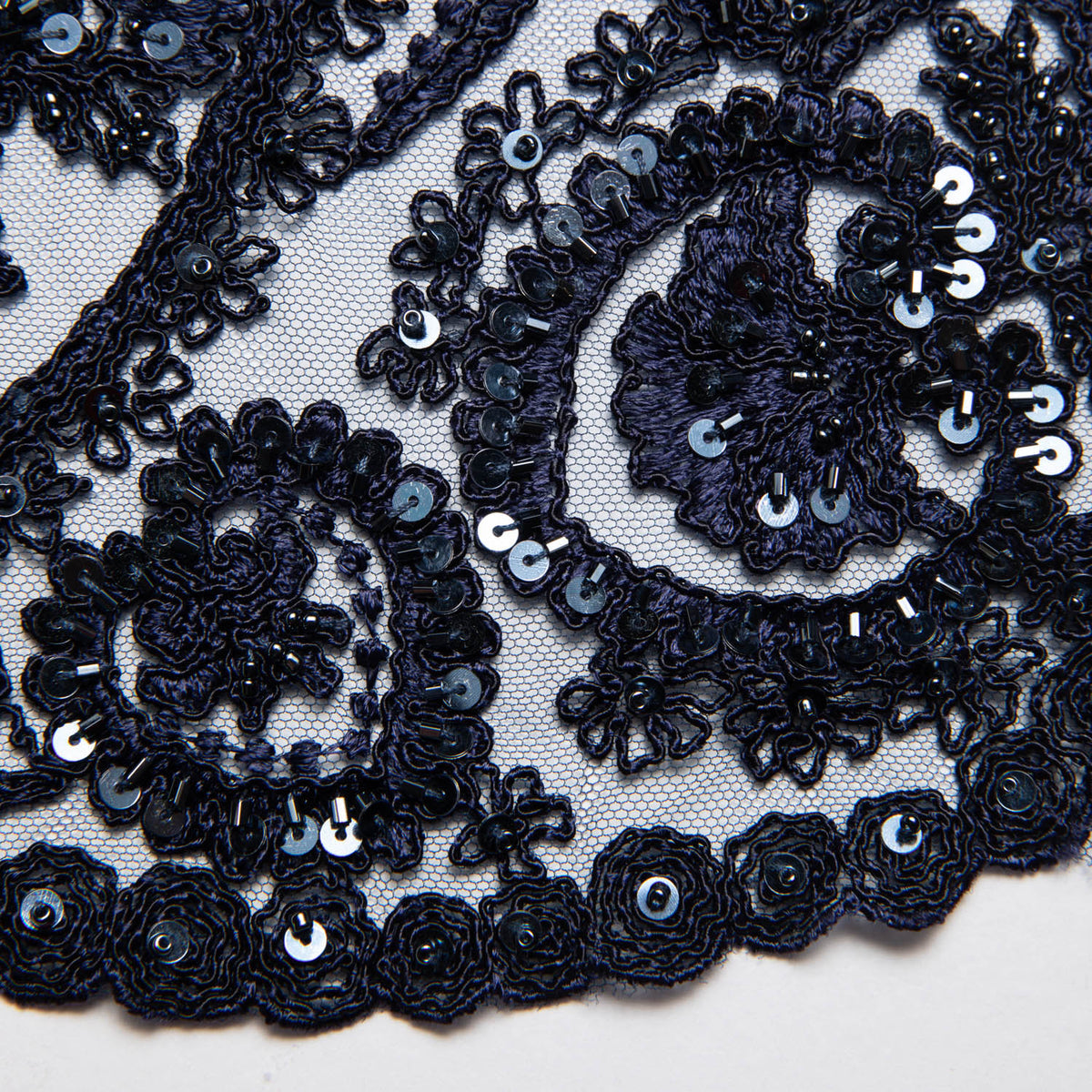 1 Yard Tulle Lace Fabric Embroidered with Sequins and Intricate Floral Pattern, 52" Wide