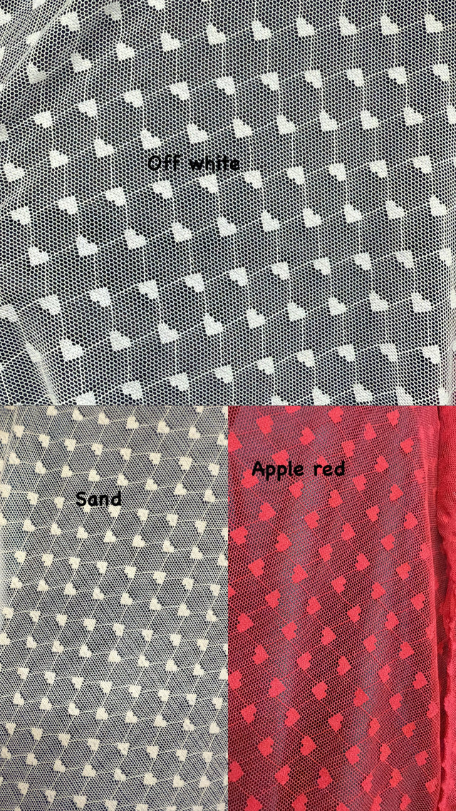 All Over Hearts Nylon Spandex Power Mesh Fabric - Off White, Apple Red, Sand, Hearts Print, 59" Width