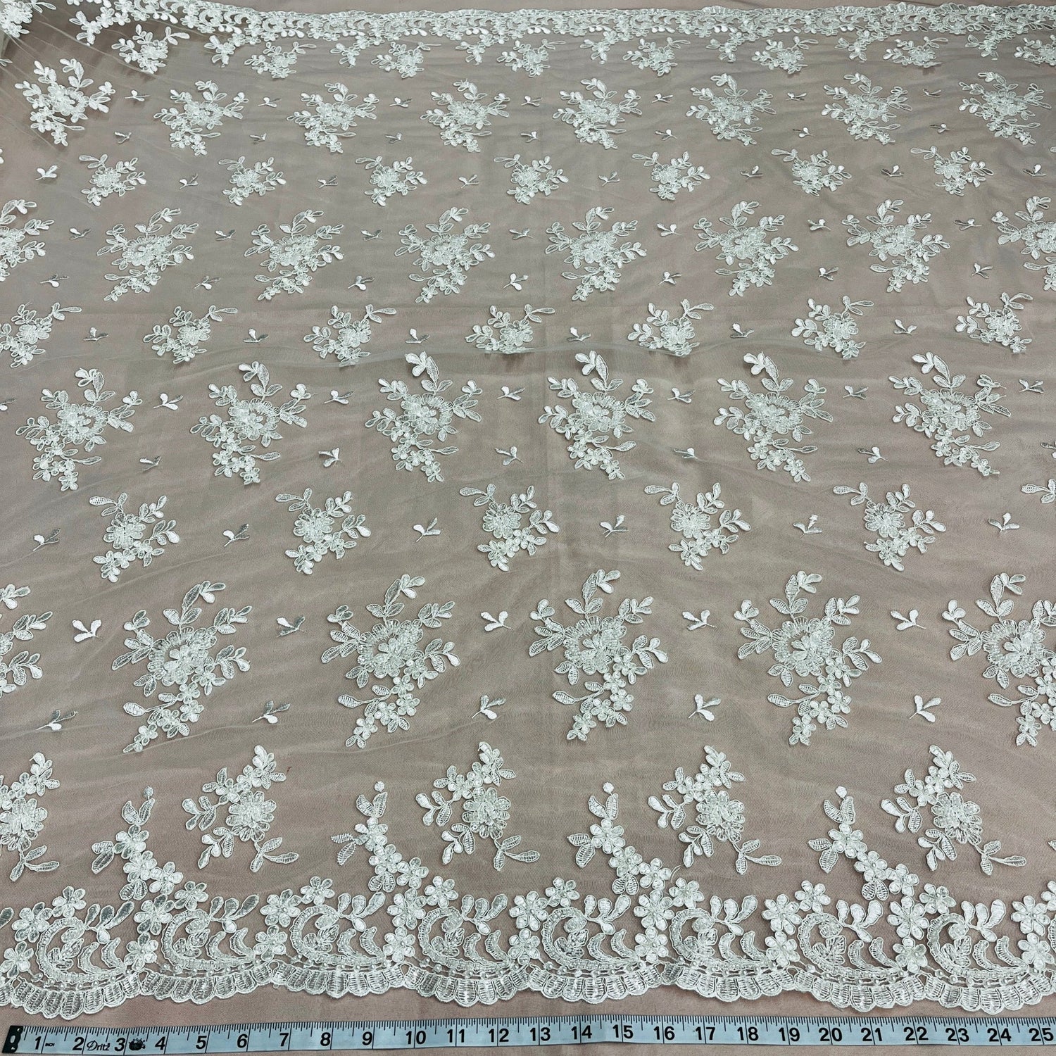 1 Yard Luxurious Beaded and Corded Bridal Lace Fabric Embroidered on Polyester Net Mesh 52 inch Width