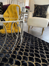 Enchanting Black Mermaid Half Moon Rug with Shimmery Golden Metallic Faux Fur Chinchilla Touch