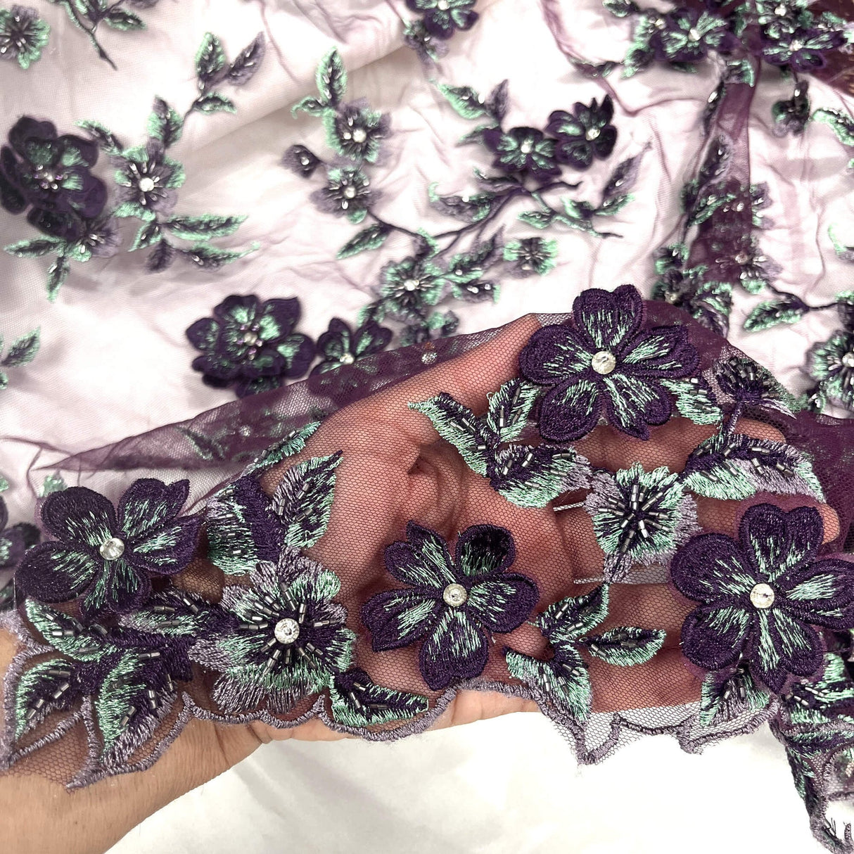 1 Yard 3D Beaded Floral Lace Fabric, Embroidered Mesh with Rhinestones & Scalloped Edges