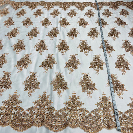 1 Yard Beaded & Corded Lace Fabric on 100% Polyester Net Mesh, Elegant Embroidered Lace Material
