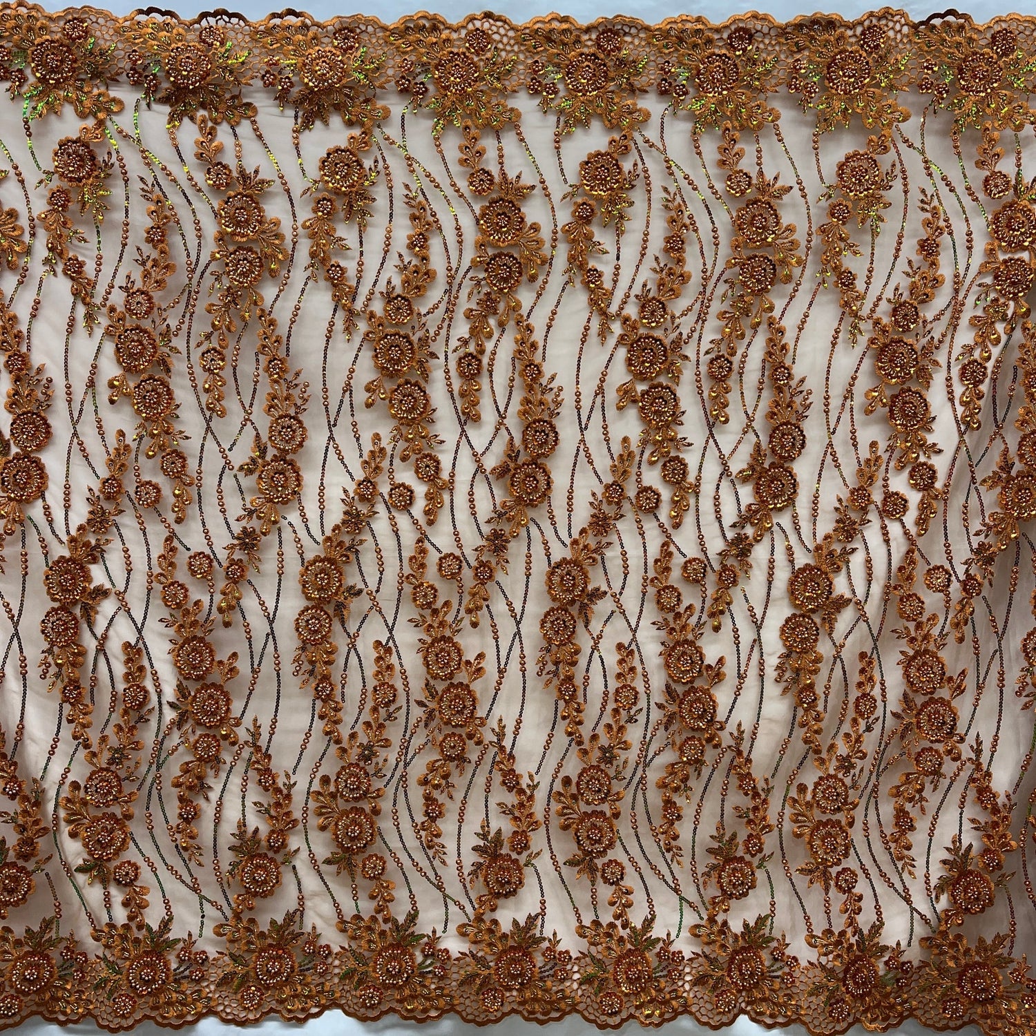 1 Yard Glamorous Rust Beaded Sequined Floral Lace Fabric on Net Mesh 53 inch Width