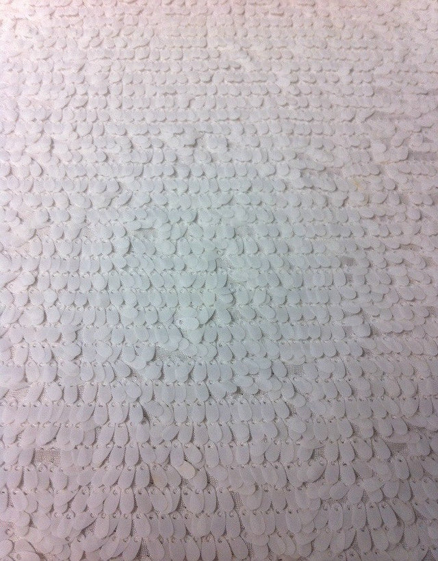 4Mm Ivory Matte Oval Sequins On White Polyester Spandex Jersey Fabric - Ivory Matte Oval Sequins, White, 58" Width