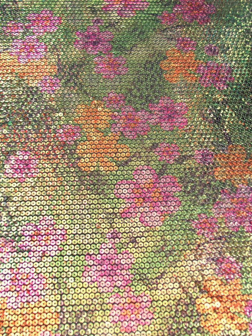 5 Mm Floral Print Sequins Polyester Fabric - Purple/Yellow, Royal/Pink, Green/Pink, 58" Width