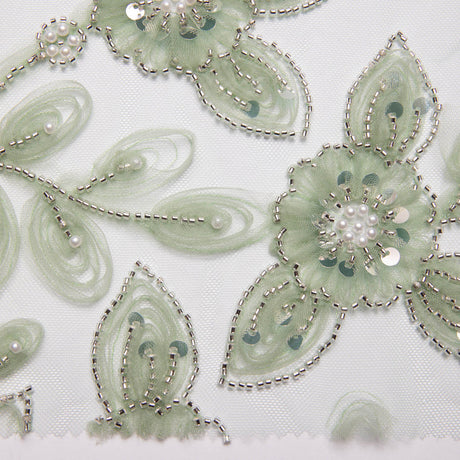 1 Yard Tulle Lace Fabric Embroidered with Ribbon and Floral Design, 52" Wide