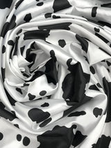 Black Cow Satin Print Polyester Fabric - White Cow Spots On White Shiny Light Weight Satin, 59/60" Width