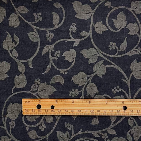 1 Yard Black Pure Linen Vines Puff Print Fabric Midweight Printed 58 Inch Width