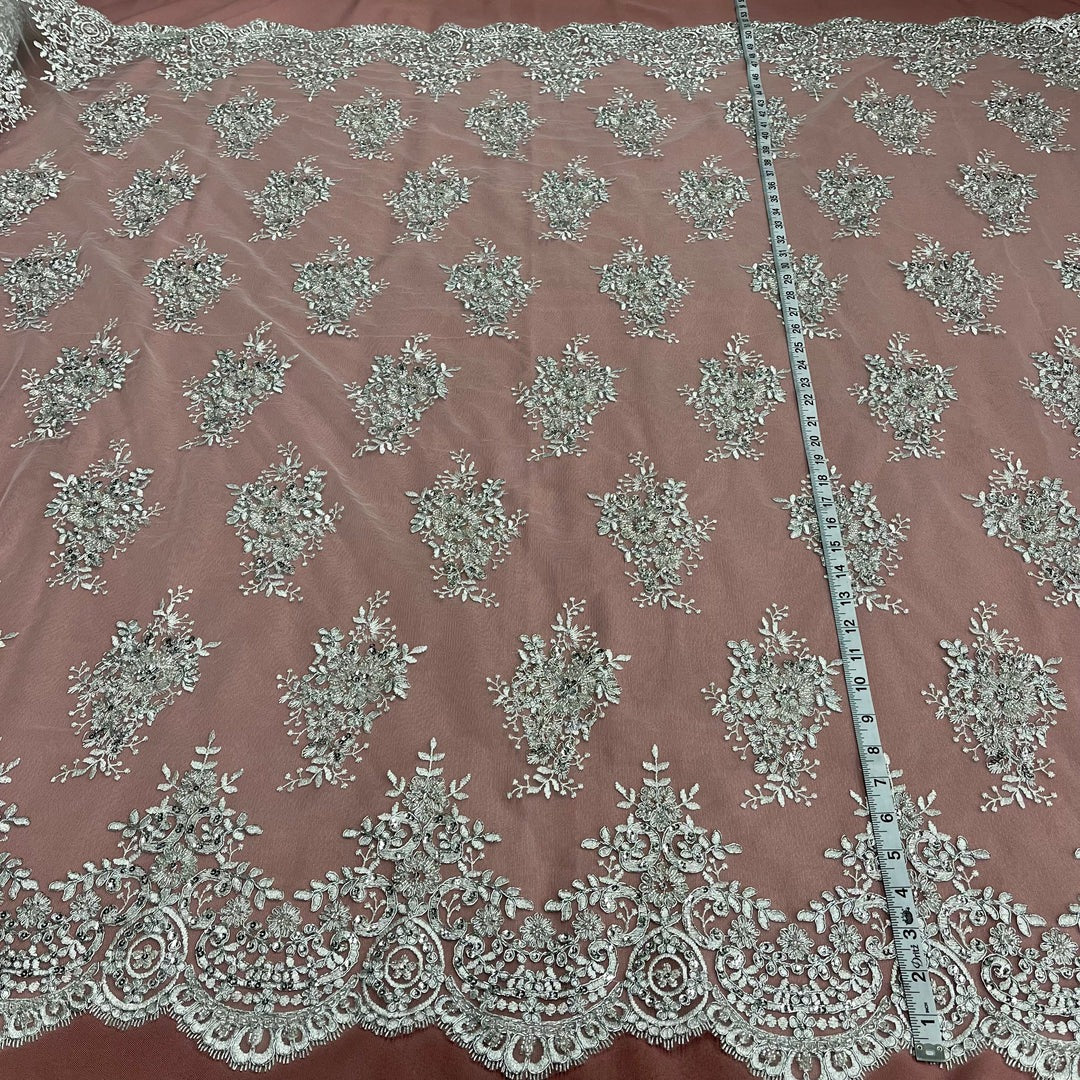 1 Yard Beaded & Corded Lace Fabric on 100% Polyester Net Mesh, Elegant Embroidered Lace Material