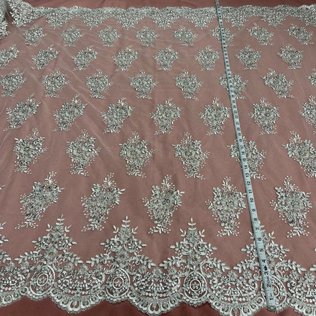 1 Yard Beaded & Corded Lace Fabric on 100% Polyester Net Mesh, Elegant Embroidered Lace Material