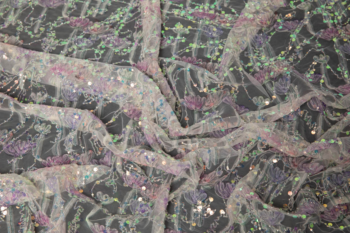 1 Yard Ribbon Tulle Lace Fabric with Embroidered Sequins, Soft Floral Design, 52" Wide