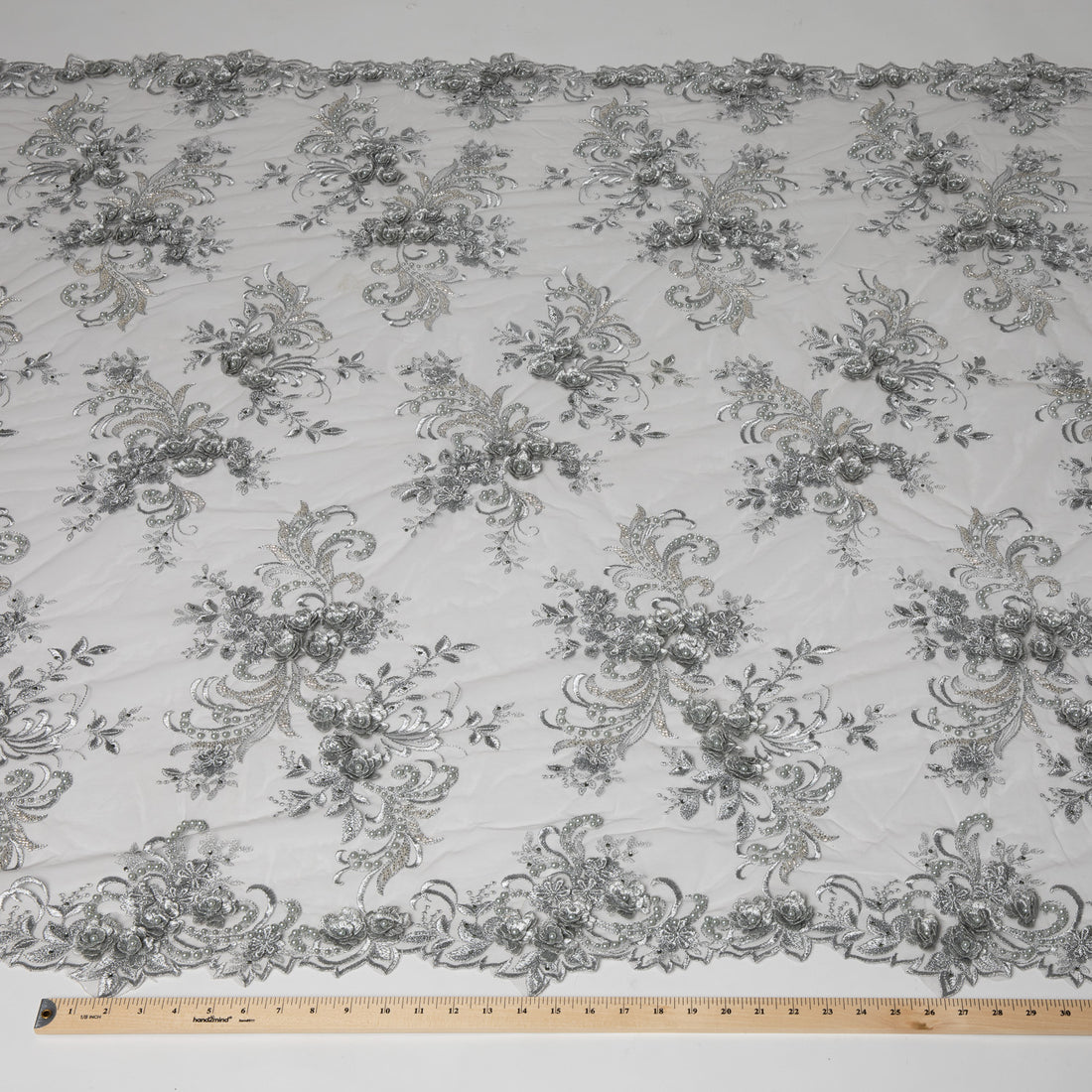 1 Yard 3D Floral Appliqué Tulle Lace with Beads Embroidered 50/52" Wide Polyester Fabric