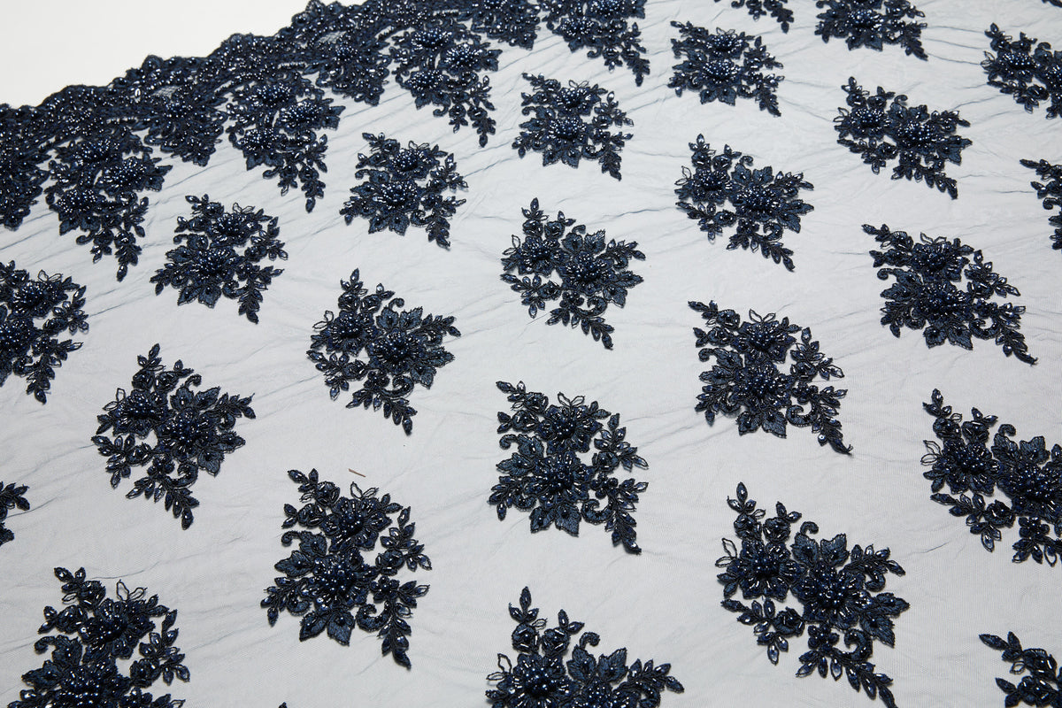 1 Yard Tulle Lace Fabric Embroidered with Beads & Sequins, 100% Polyester, 50/52" Wide