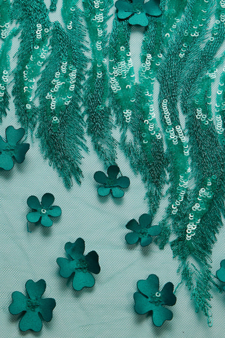 1 Yard Tulle Lace Fabric Metallic Embroidered with Applique & Intricate 3D Pattern, 50/52"
