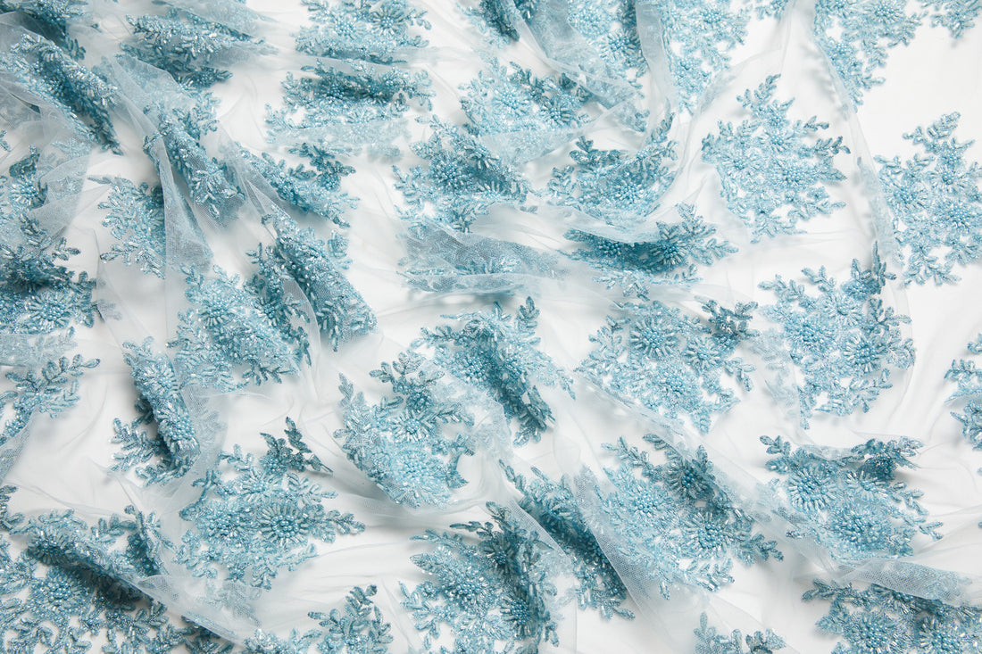 1 Yard Elegant Metallic Tulle Lace Fabric with Sequin and Bead Detailing 100% Polyester, 50/52" Wide