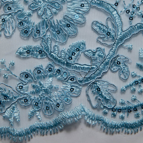1 Yard Tulle Lace Embroidered Fabric with Cord, Sequins, and Floral Design, 52" Wide