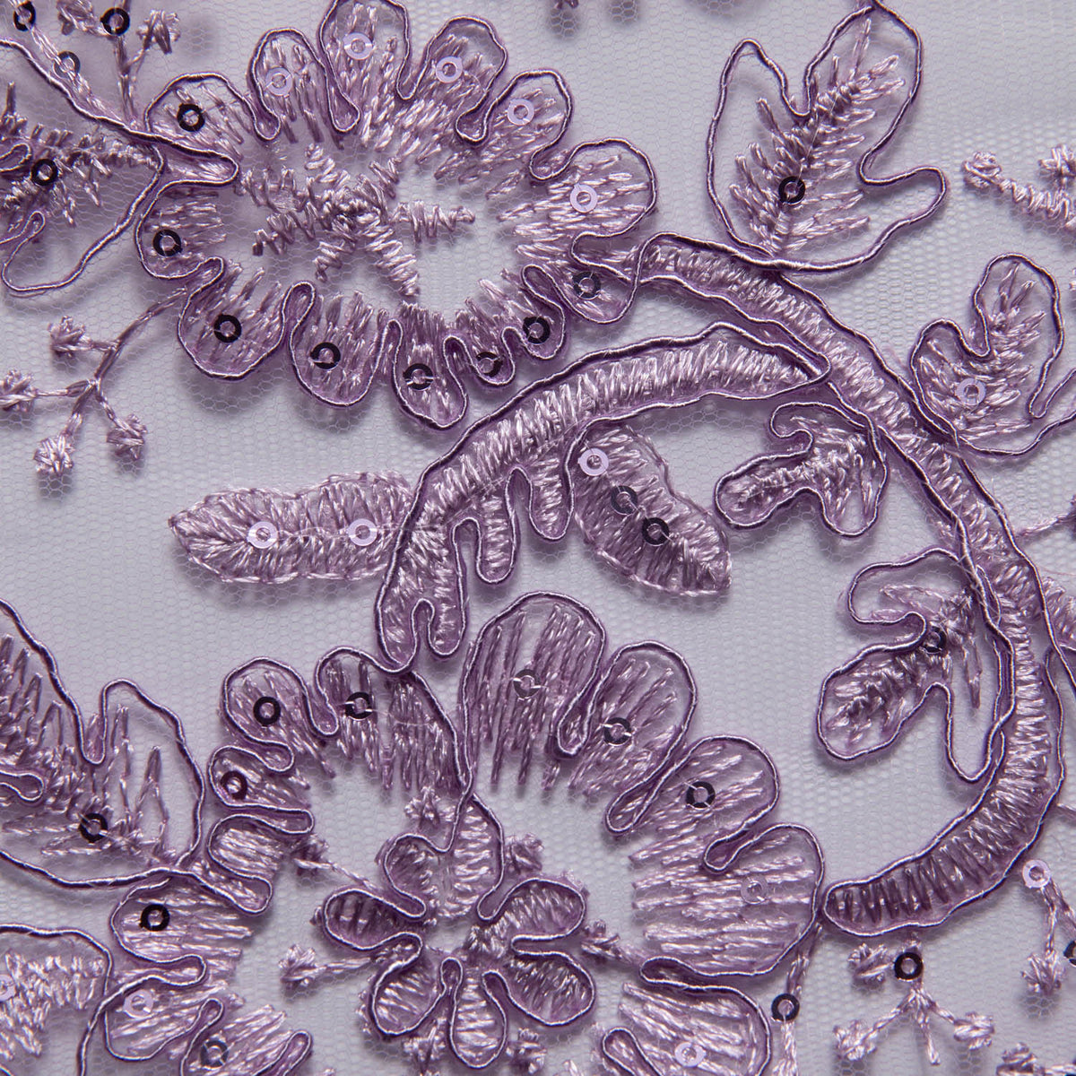 1 Yard Tulle Lace Embroidered Fabric with Cord, Sequins, and Floral Design, 52" Wide