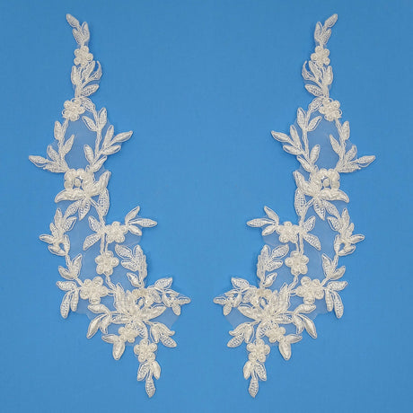 1 Yard Beaded and Corded Floral Lace Applique 13" x 4" Each Side