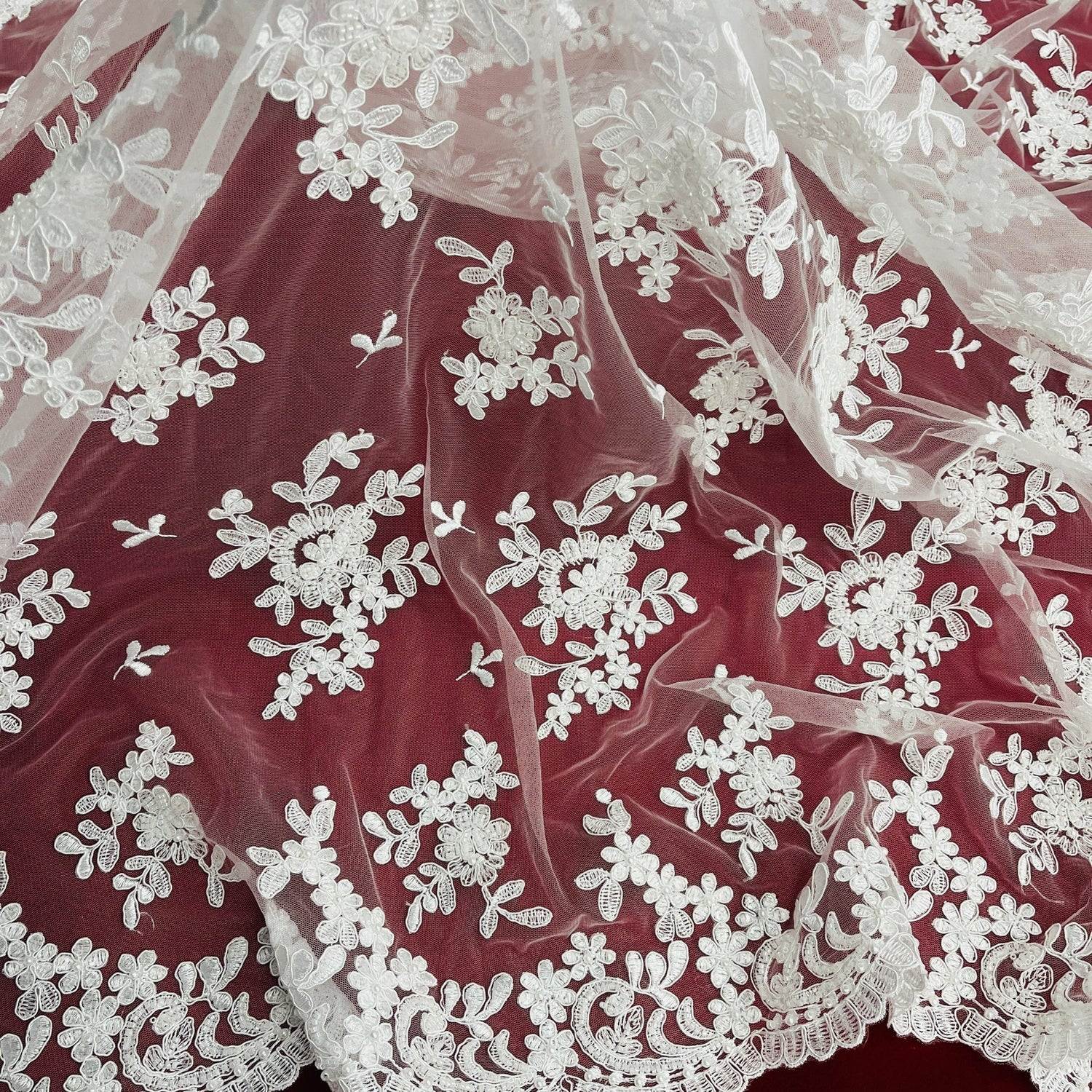 1 Yard Luxurious Beaded and Corded Bridal Lace Fabric Embroidered on Polyester Net Mesh 52 inch Width