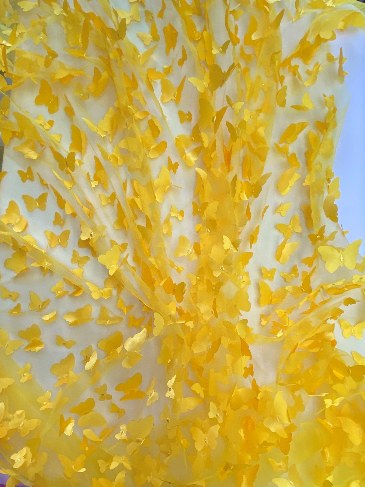 3D Butterflies Yellow Polyester Fabric - Light Weight Satin Butterflies, 54" Width (1 Yard)