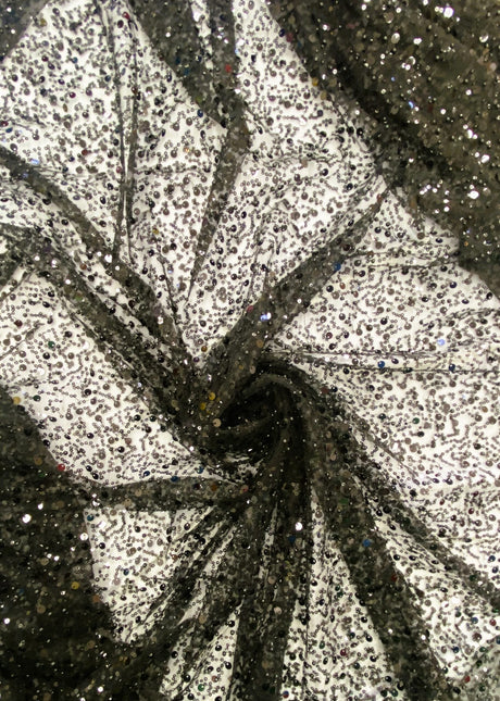 BPS Mesh Lace Black Polyester Fabric - Black Beads Pearls And Sequin Mesh, 60" Width (1 Yard)