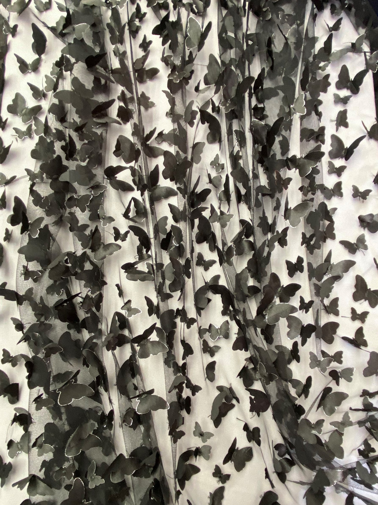 1 Yard Black 3D Butterfly Mesh Fabric with Satin Appliqué on Stretch Sheer Base 54 Inch Wide