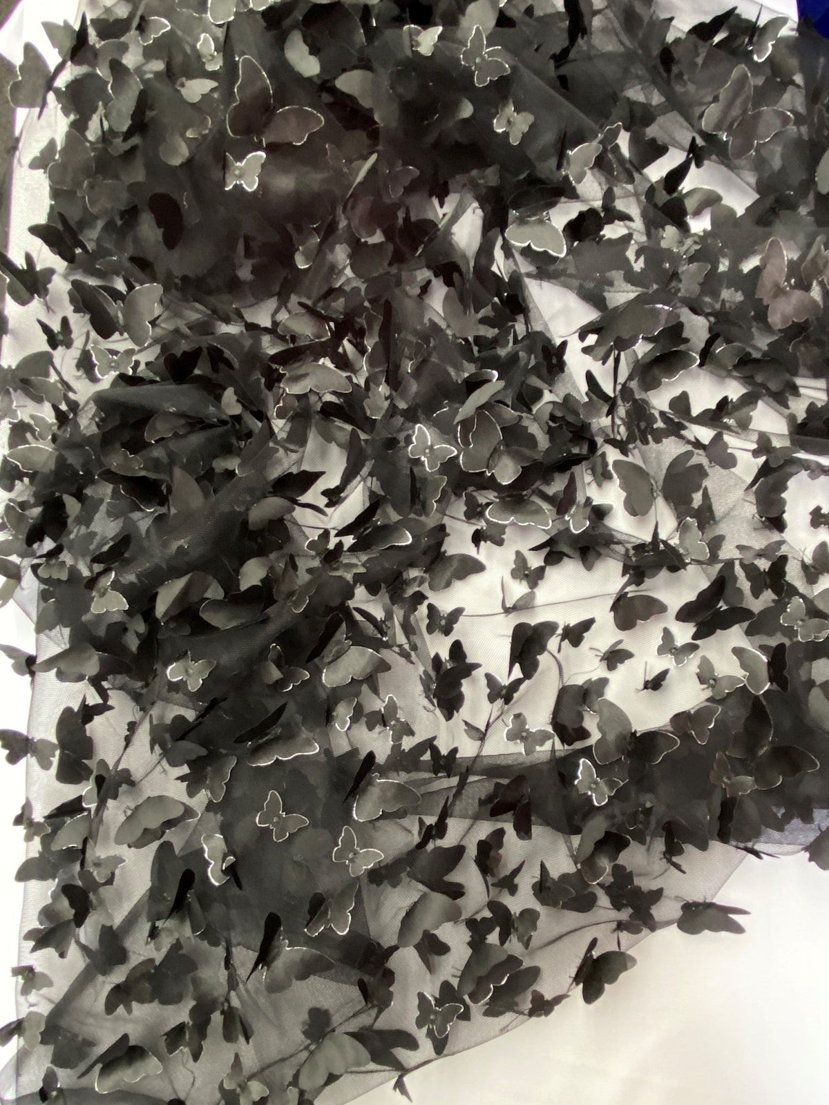 3D Butterflies Black Polyester Fabric - Black Satin Butterflies On 2-Way Stretch Mesh, 54" Width (1 Yard)