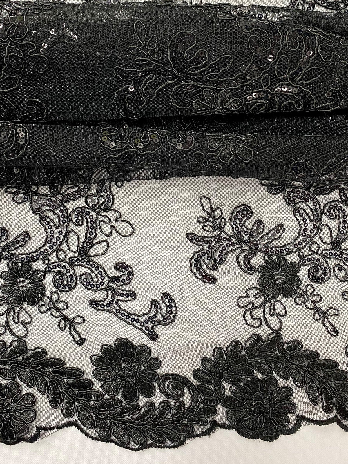 Elena's Lace Black Polyester Lace Fabric - Black Corded Mesh Embroidered With Sequins, Double Scalloped Edge, 54" Width (1 Yard)