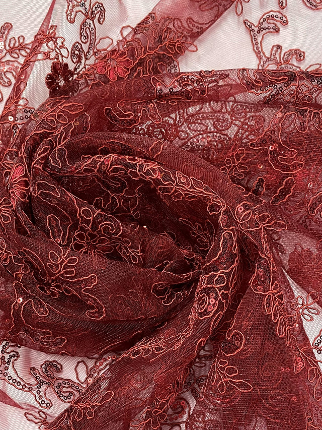 Elena's Lace Polyester Fabric - Burgundy Corded Mesh Embroidered With Sequins, Double Scalloped Edge, 54" Width (1 Yard)