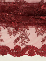 Elena's Lace Polyester Fabric - Burgundy Corded Mesh Embroidered With Sequins, Double Scalloped Edge, 54" Width (1 Yard)