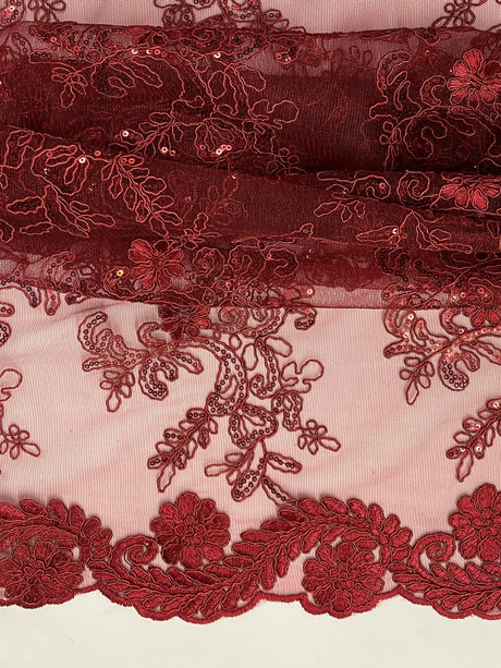 Elena's Lace Polyester Fabric - Burgundy Corded Mesh Embroidered With Sequins, Double Scalloped Edge, 54" Width (1 Yard)