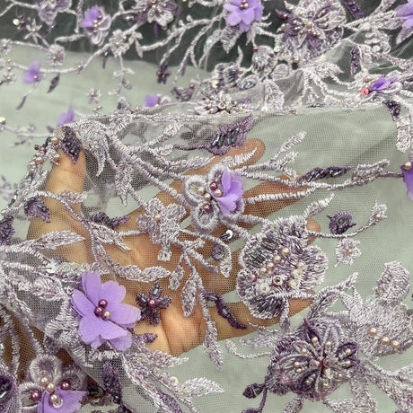 Beaded 3D Floral Lace Fabric with Rhinestones – 51" Wide Embroidered Bridal & Evening Dress Lace