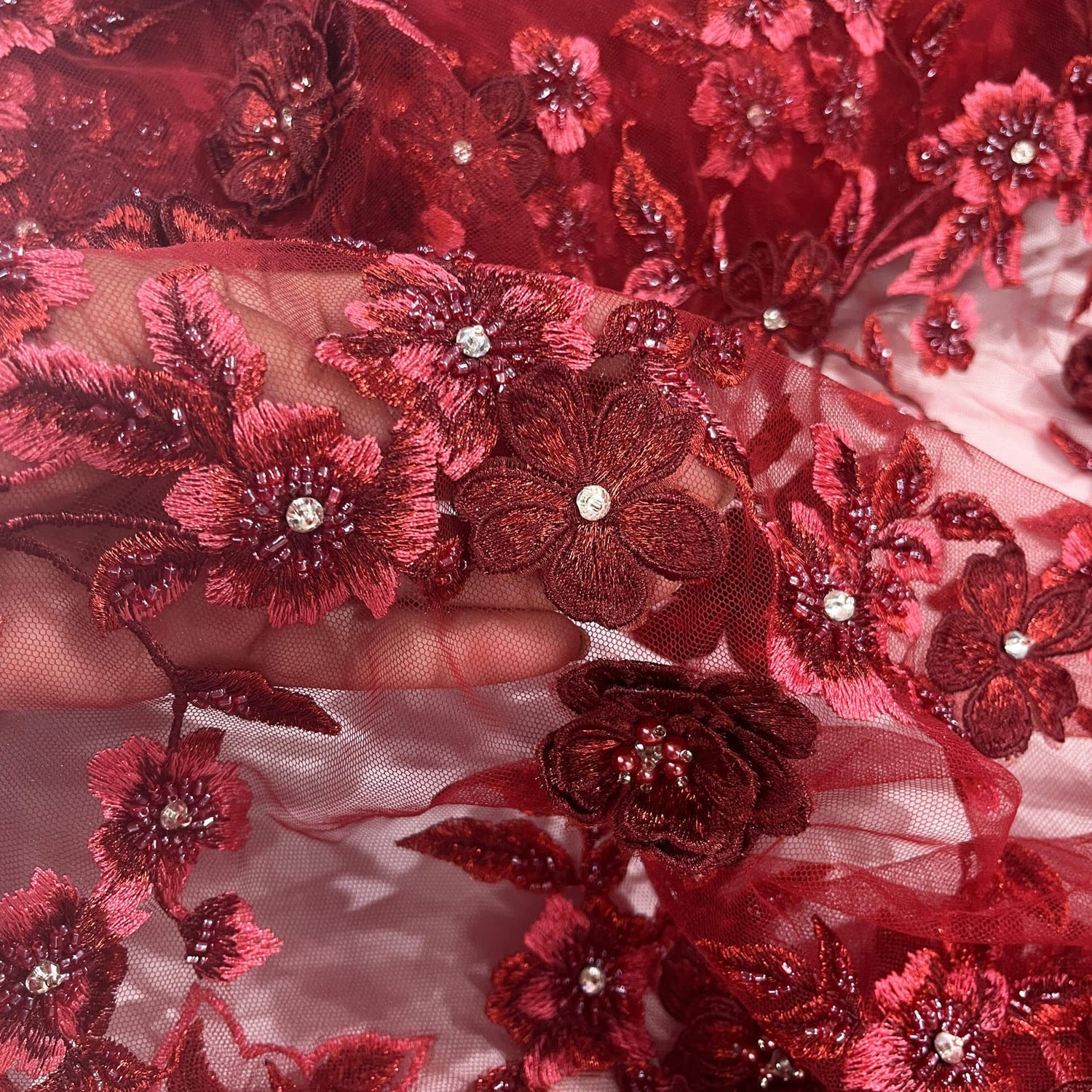 1 Yard 3D Beaded Floral Lace Fabric, Embroidered Mesh with Rhinestones & Scalloped Edges