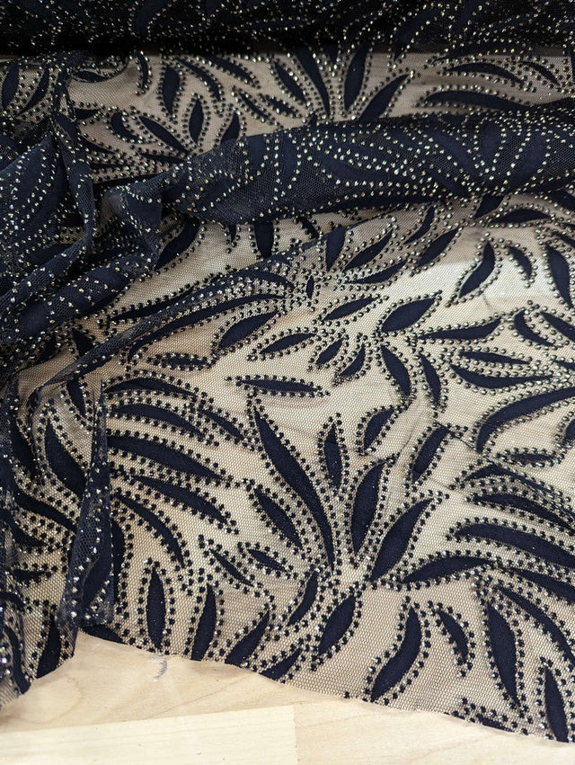 Black Velvet Flocking Lace Polyester Lace Fabric - Glitter Accent, Stretch Mesh, 59/60" Width (1 Yard)
