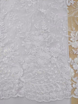 Grace Polyester Lace Fabric - White, Off White Floral Embroidery, Clear Sequins, 50-51" Width (1 Yard)