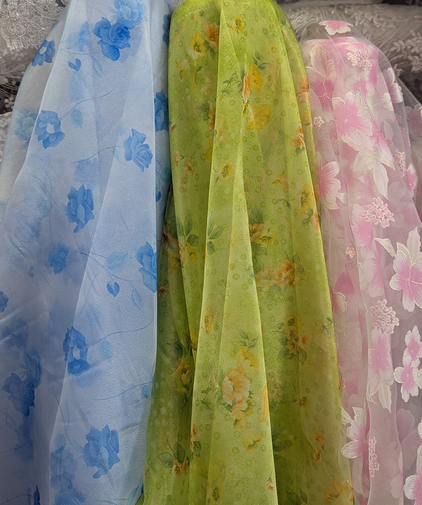 White Organza With Pink Flowers Polyester Organza Fabric - Pink Floral On White, Metallic Gold Outline, 58-59" Width (1 Yard)