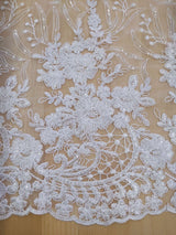 Grace Polyester Lace Fabric - White, Off White Floral Embroidery, Clear Sequins, 50-51" Width (1 Yard)