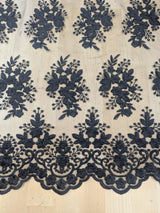 Regina Polyester Lace Fabric - White, Off-White, Black, Bridal Floral Embroidered Mesh, Scalloped Edges, 51/52" Width (1 Yard)