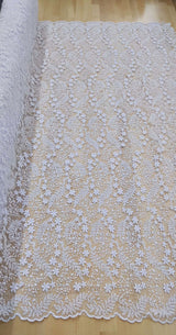 Daisy Bridal Lace Polyester Fabric - White, Off White, Pink, Small Flower Embroidery With Clear Sequins, 50-51" Width (1 Yard)
