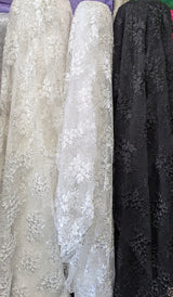 Regina Polyester Lace Fabric - White, Off-White, Black, Bridal Floral Embroidered Mesh, Scalloped Edges, 51/52" Width (1 Yard)