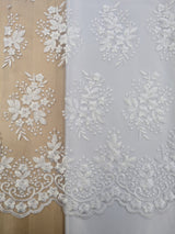 Regina Polyester Lace Fabric - White, Off-White, Black, Bridal Floral Embroidered Mesh, Scalloped Edges, 51/52" Width (1 Yard)