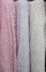 Daisy Bridal Lace Polyester Fabric - White, Off White, Pink, Small Flower Embroidery With Clear Sequins, 50-51" Width (1 Yard)