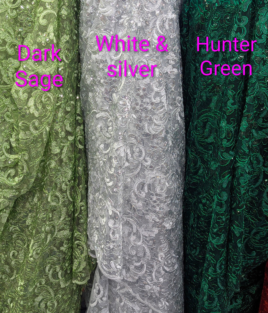 All Over Flowers With Sequins Polyester Lace Fabric - Multiple Colors, Floral Mesh With Metallic Thread, 50" Width (1 Yard)
