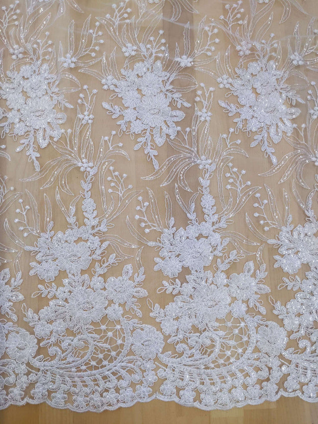 Grace Polyester Lace Fabric - White, Off White Floral Embroidery, Clear Sequins, 50-51" Width (1 Yard)