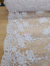 Grace Polyester Lace Fabric - White, Off White Floral Embroidery, Clear Sequins, 50-51" Width (1 Yard)