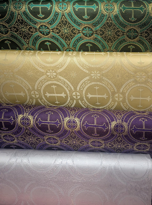 Church Metallic Cross Polyester Brocade Fabric - Metallic Cross Jacquard, 58/59" Width, Silver, Light Gold, Purple/Gold, Green/Gold (1 Yard)