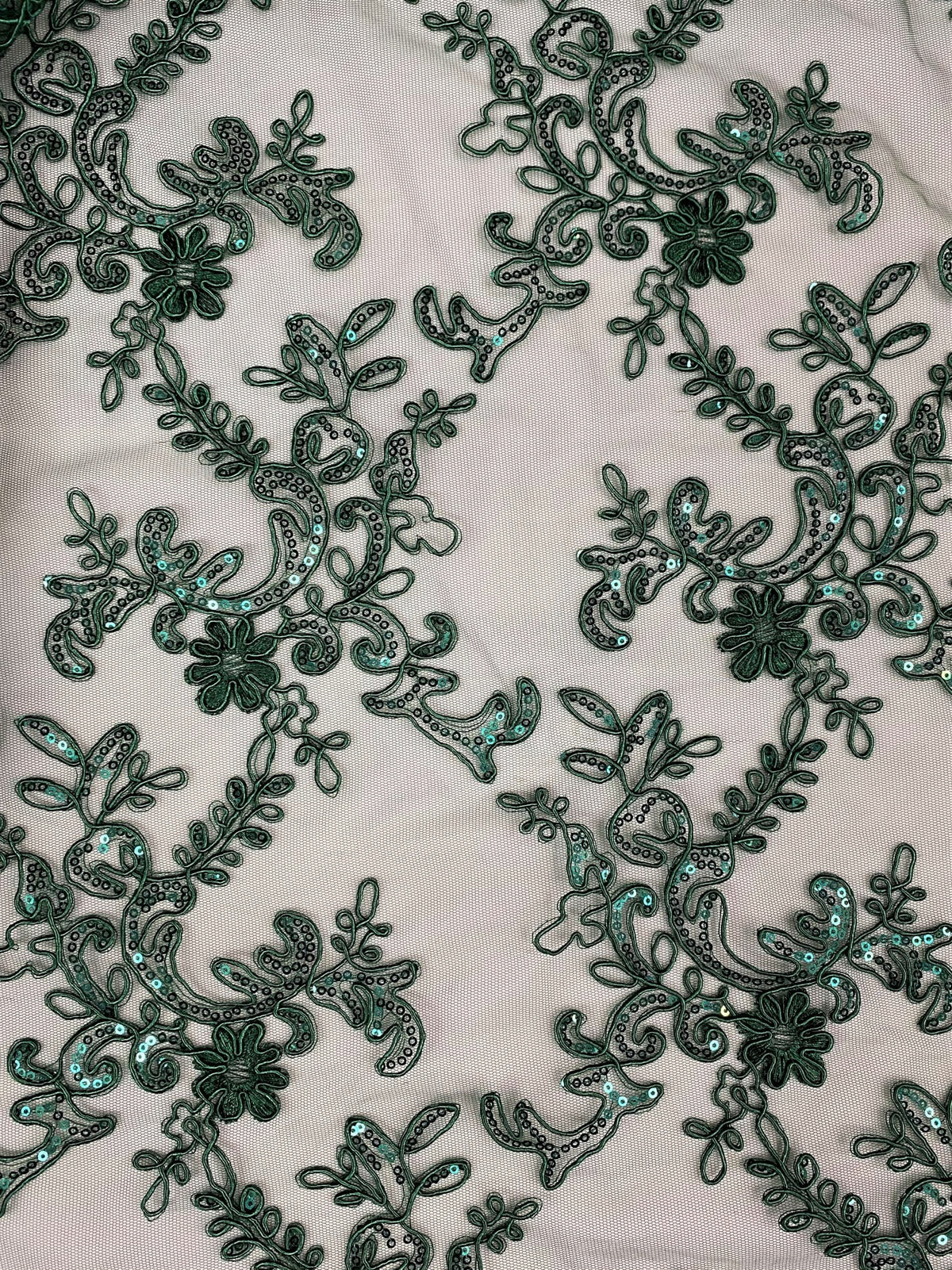 Elena's Lace Hunter Polyester Fabric - Corded Mesh Embroidered With Sequins, Hunter Green, Double Scalloped Edge, 54" Width (1 Yard)