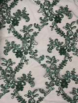 Elena's Lace Hunter Polyester Fabric - Corded Mesh Embroidered With Sequins, Hunter Green, Double Scalloped Edge, 54" Width (1 Yard)